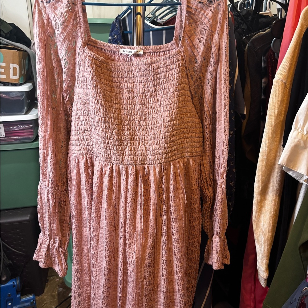 Celebrity Pink Smocked Lace Long-Sleeve Midi Dress in Dusty Rose